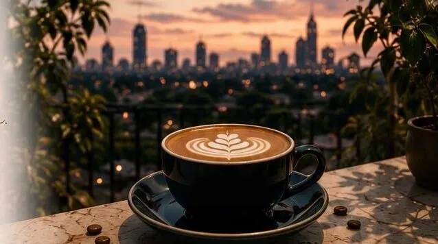 An Up Here latte on a ledge above the Bengaluru skyline