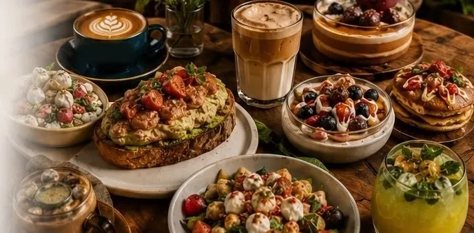 A spread of toasts, eggs, a burger, coffee and a cooler on a terrazzo table