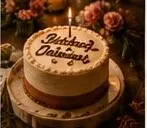 A birthday cake with candles on a terrace table
