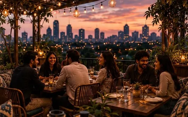 A group sharing dinner on the terrace at sunset