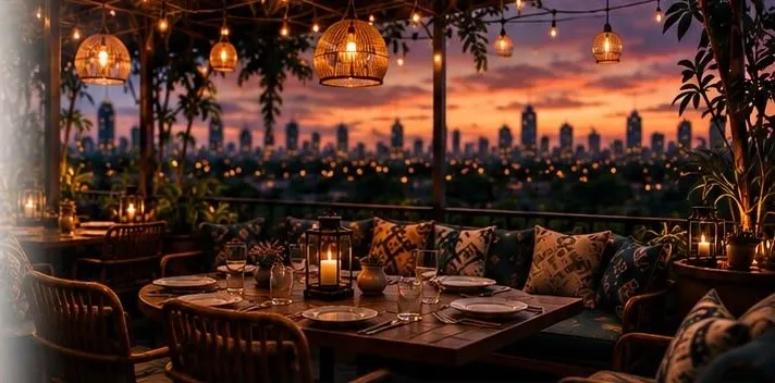 A lantern-lit terrace table looking out over the city at golden hour