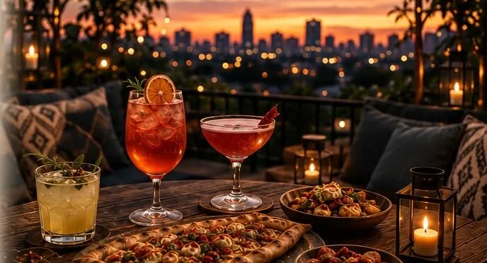 Drinks and shared plates on the terrace at dusk