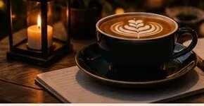 A coffee and a journal by candlelight