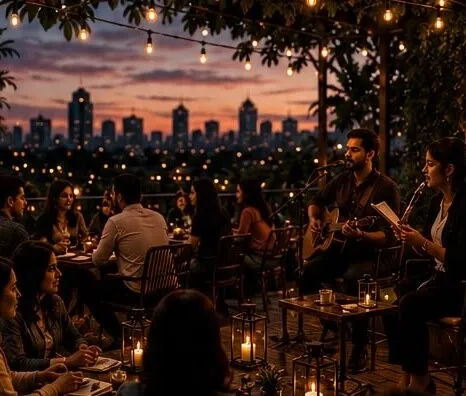 A crowd listening to a live acoustic set on the terrace